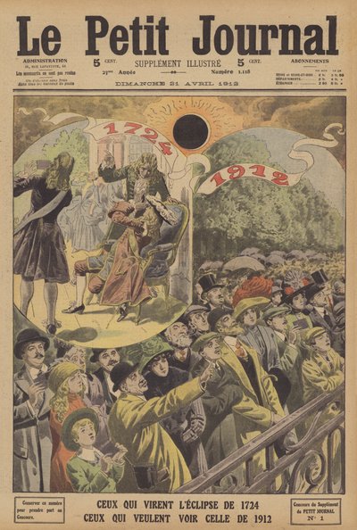 Totale solformørkelser i 1724 og 1912 (farve litho) af French School