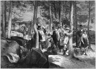 Turister ved kløfterne i Apremont, nær hulens indgang, i skoven i Fontainebleau af French School