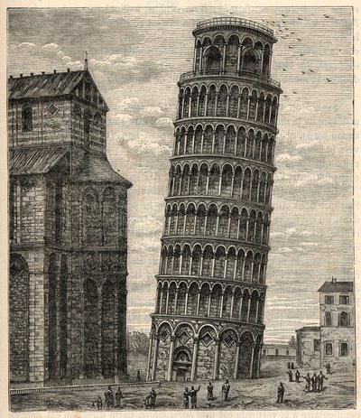 Tower of Pisa - Torre di Pisa - Tour de Pisa - Indgravering i "" Videnskaber bragt til alles rist - Populær fysik og kemi" af Alexis Clerc - Slutningen af det 19. århundrede - Privat samling af French School