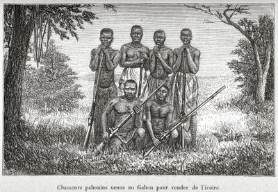 Traditionelt kostume af det oprindelige folk i Gabon, illustration fra 
