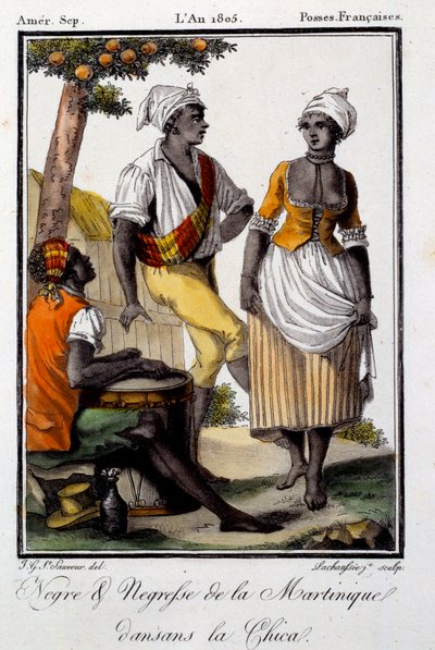 Traditionel dans: Martiniques indbyggere danser chica. Stik fra 1805. Chartres, Museum of Fine Arts af French School