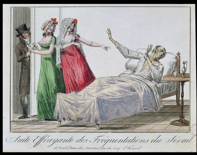 Tragisk konsekvens af at besøge bordeller, karikatur af en syfilitiker, ca. 1800 (farvestik) af French School