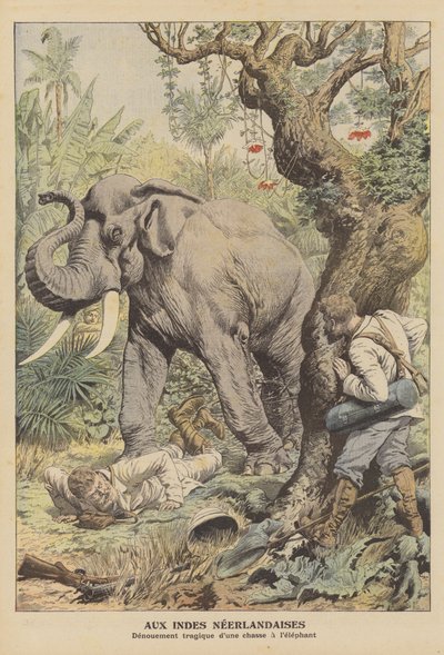 Tragisk afslutning på en elefantjagt i Hollandsk Ostindien (farve litho) af French School
