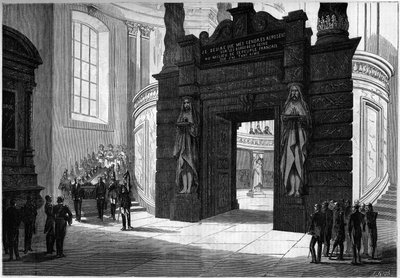Overførsel af asken fra Napoleon I (1769-1821) fra Sankt Hieronymus kapel til graven bygget under Invalidernes kuppel. Paris, 2. april 1861. Indgravering i "" Le Monde Illustré"" nr. 209 af 13. april 1861. af French School