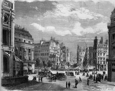 Transformationer af Paris under det andet imperium, Haussmannske Paris: udsigt over hjørnet af rue de la Paix, åbnet for åbningen af ​​rue de l