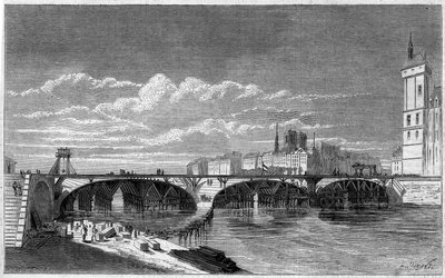 Transformationer af Paris under det andet imperium, Haussmann Paris: udsigt over Pont au Change under dens genopbygning. Indgravering i "" Le Monde Illustré"" nr. 169 af 7. juli 1860. af French School