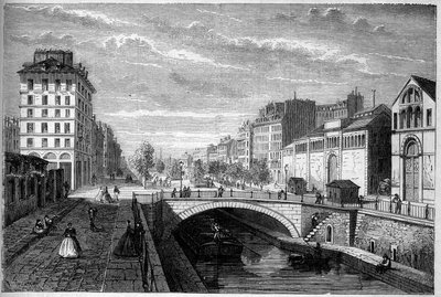 Transformationer af Paris under det andet imperium, Haussmann-Paris: udsigt over boulevarden Richard Lenoir etableret på hvælvingen af Canal Saint Martin. Indgravering i "" Le Monde Illustré"" nr. 233 af 28. september af French School