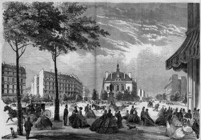 Transformationer af Paris under det andet imperium, Paris Haussmann: det nye rådhus i XI arrondissement i Paris. (Du kan se Voltaire Boulevard og Parmentier Avenue). Tyngdekraften fra 1865. af French School
