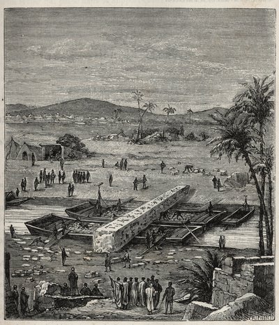Transport af Ptolemæus Philadelphs obelisk (Ptolemaios Philadelphos) (Ptolemæus II) på Nilen til Alexandria - Indgravering i "" Videnskaber tilgængelige for alle - Populær fysik og kemi"" af Alexis Clerc - Slutningen af det 19. århundrede - Privat samling af French School