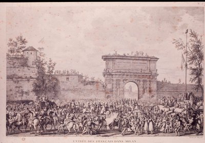 De franske tropper under Napoleon Bonaparte går triumferende ind i Milano den 15. maj. af French School