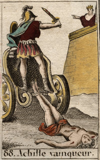 Trojansk krig: Triumferende Achilles slæber Hectors livløse krop ind foran Trojas porte. Fra "Mythology of Youth" af Pierre Blanchard 1803. af French School