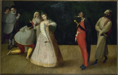 Trup af italienske komikere (Gelosi), ca. 1580 (olie) af French School