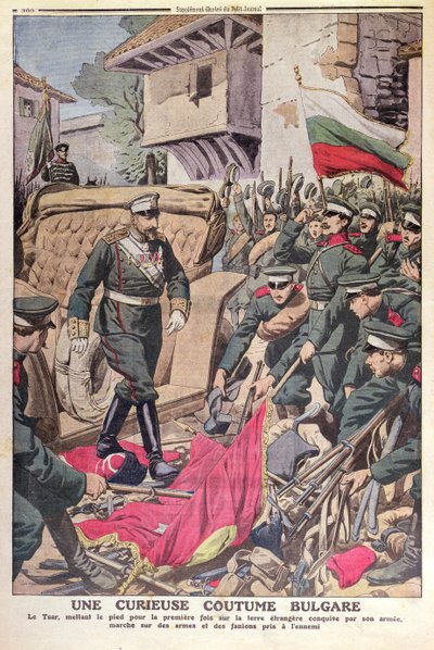 Tsar Ferdinand I (1861-1948) fra Bulgarien går over erobrede flag under Balkankrigen i 1912, november 1912 af French School