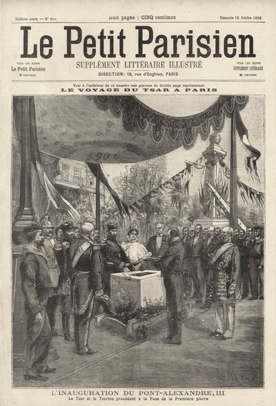Zar Nicholas II og Tsarina Alexandra af Rusland ved en ceremoni, der lægger den første sten til Pont Alexandre III i Paris under deres besøg i Frankrig af French School