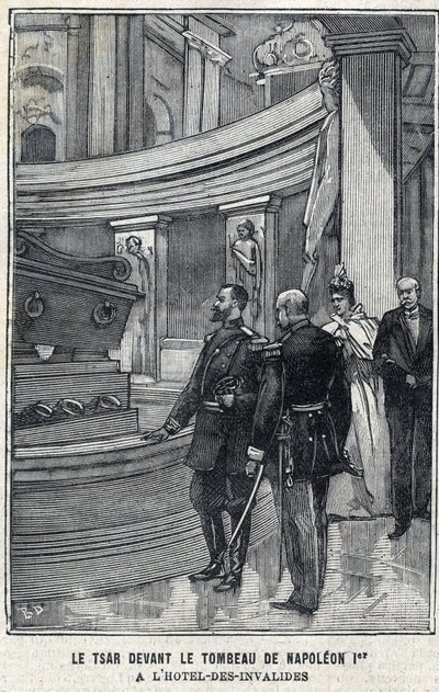 Zar Nikolaj II af Rusland (1868 -1918) og tsarina Alexandra Fiodorovna Romanova (1872-1918) foran Napoleon I Bonapartes grav på Hotel des Invalides i Paris i "Le Petit Parisien" af French School