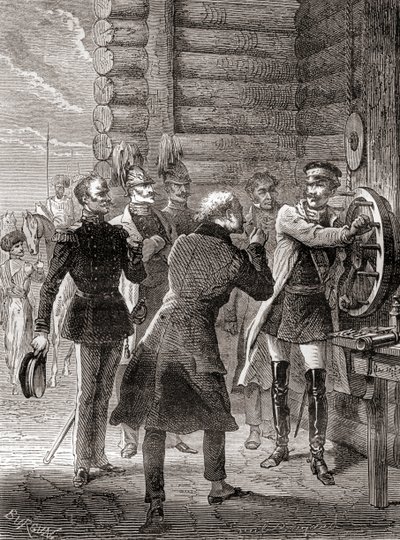 Zar Nicholas I indviede semafor-telegraflinjen mellem Moskva og Warszawa i 1833 ved hjælp af en modifikation af Claude Chappes semaforsystem, fra Les Merveilles de la Science, udgivet ca. 1870 (gravering) af French School