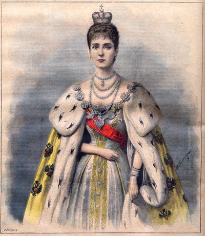 Tsarina Alexandra af Rusland i sine kroningsdragter - Tsarina Alexandra Fiodorovna i det helliges kostume. Illustration til Le Petit Journal, 24. maj 1896 (gravering) af French School