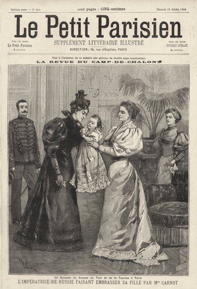 Tsarina Alexandra af Rusland inviterer den franske præsident Sadi Carnots enke til at kysse sin datter, storhertuginde Olga, under den russiske kejserfamilies besøg i Paris af French School