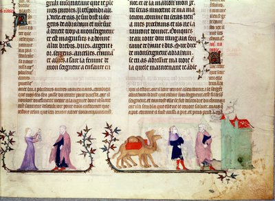 To scener fra historien om Rebecca ved brønden, fra The Bible of Jean de Sy, ca. 1355 af French School