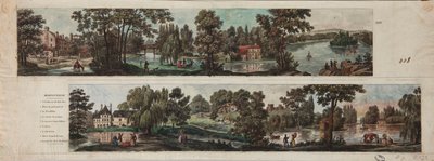 To udsigter over Mortefontaine Park med billedtekster (ætsning med wc på papir) af French School