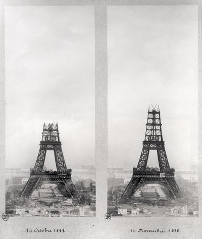 To visninger af konstruktionen af Eiffeltårnet, Paris, 14. oktober og 14. november 1888 af French School