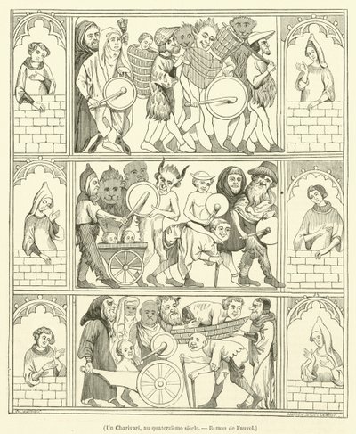 Un Charivari, au quatorzieme siecle, Roman de Fauvel (kobberstik) af French School