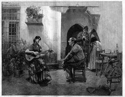 Under fortryllelsen: en mand lytter med beundring til en ung spansk pige, der spiller guitar. Indgravering efter maleriet af Jules Worms (1832-1914) i "The Illustrious World", 1. maj af French School