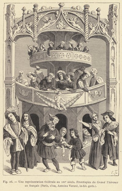 En teaterforestilling i det 16. århundrede (stik) af French School