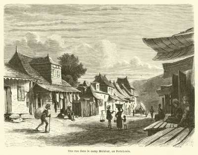 En gade i Malabar-lejren i Port-Louis (gravering) af French School