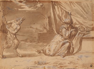 Uidentificeret emne: en satyr, der fører en trefork foran en østlig potentat, en mus ved hans fødder af French School