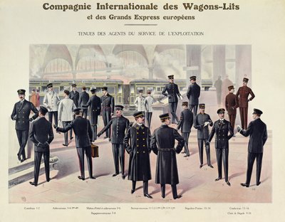 Uniformer til ansatte i Compagnie des Wagons-Lits, ca. 1910 af French School