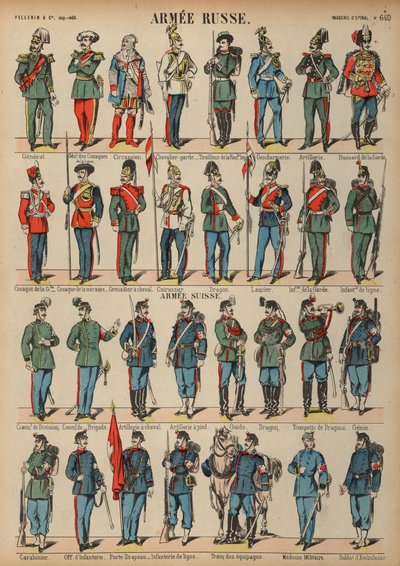 Uniformer af de russiske og schweiziske hære (farvet indgravering) af French School
