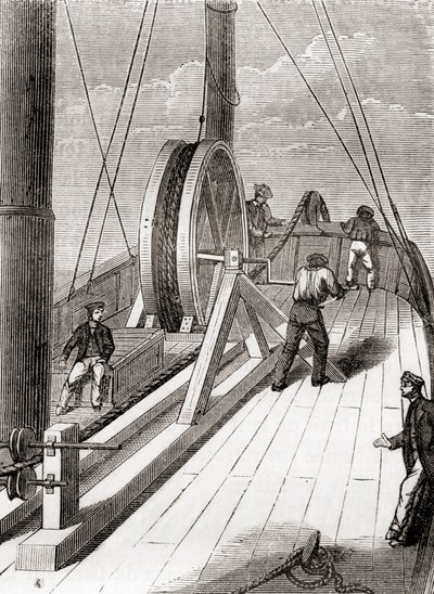 Afvikling af søkablet fra Dover til Calais ombord på Blazeren, 25. december 1851, fra Les Merveilles de la Science, udgivet ca. 1870 (gravering) af French School