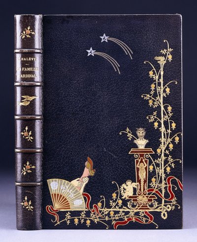 Øverste bogomslag af to stjerneskud, en fakkel, løv, faun på piedestal, putto og et ben bag en vifte, 1893 af French School