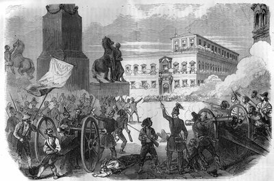Opstand i Bologna: væltning af den pavelige regering under Gregoire XVI Pave fra 1831 til 1846. Indgravering i "Histoire des Papes-Rois-Queen and Empereurs a travers les centuries" af Maurice Lachatre af French School
