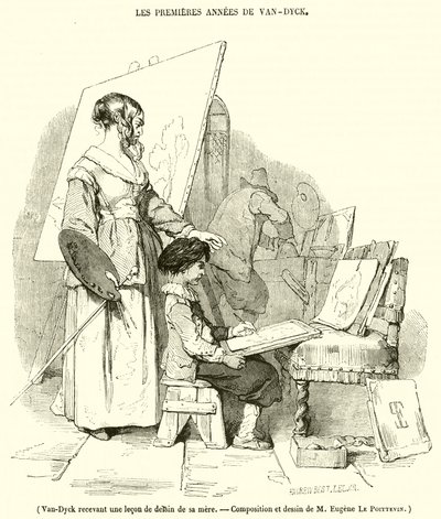 Van-Dyck modtager en tegnelektion fra sin mor (gravering) af French School