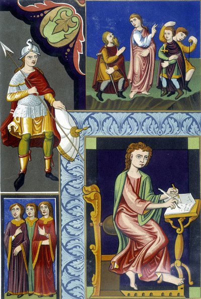 Forskellige dragter fra det 9. århundrede. Illustration taget fra "Frankrig i det 9. århundrede". af French School