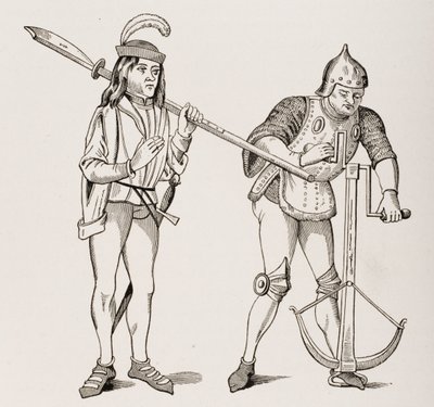 Varlet eller Squire, der bærer en tykbladet hellebard og en bueskytte, der tegner en armbrøst med dobbelthåndsspil, efter en miniature fra det 15. århundrede, fra Le Moyen Age et La Renaissance af Paul Lacroix ( af French School