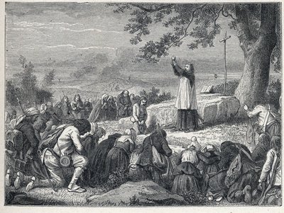 Vendee Wars (1793-1796): Præstindsætter fejrer en messe under en eg for den oprørske befolkning, der afviser svorne præster. Stik fra 1889. Privat samling. af French School