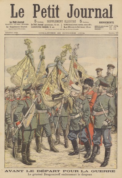 Den russiske veterangeneral Mikhail Dragomirov kysser flaget for et regiment, der drager ud i den russisk-japanske krig (farvelitografi) af French School