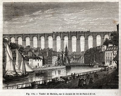 Morlaix Viaduct, på jernbanen fra Paris til Brest (Frankrig). Indgravering af Lebreton og Marchand, i "" Videnskabens vidundere"" af Louis Figuier (1819-1894), Jouvet et Cie-udgaven af French School