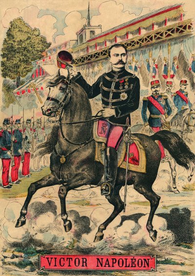 Victor Napoleon (1862-1926) i spidsen for bonapartisternes tilhængere, den sidste arving til Napoleon I, som måtte gå i eksil efter en lov vedtaget af den tredje republik i 1886. Stik, i "Le Figaro, supplement", den 30/03/1889, Paris. Coll. Selva. af French School
