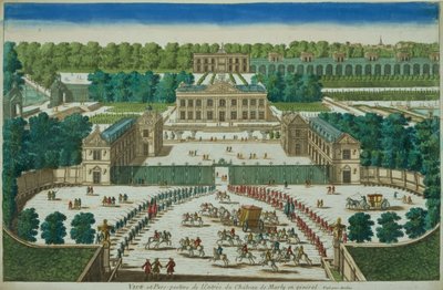 Udsigt og perspektiv af indgangen til Chateau of Marly, indgraveret af Antoine Aveline (1691-1743) af French School