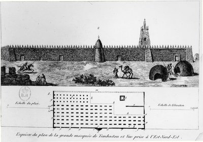 Udsigt og plan over den store moske i Timbuktu, fra Journal dun voyage a Tombouctou af Rene Caillie (1799-1838), 1830 af French School