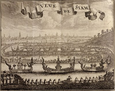 Udsigt over Ayutthaya med kongelige pramme, fra Voyage du Siam des Peres Jesuites af Guy Tachard, 1688 af French School