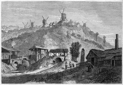 Udsigt over Montmartre i 1859, før han sluttede sig til byen Paris i 1860. Udsigt taget fra sletten Saint Denis. Indgravering i "" Le Monde Illustré"" nr. 141 af 24. december 1859. af French School