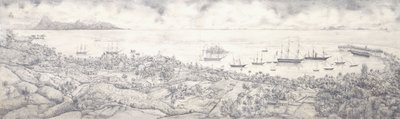 Udsigt over Papeete, Tahiti, med udsigt over havnen mod Moorea, midten af 1800-tallet af French School