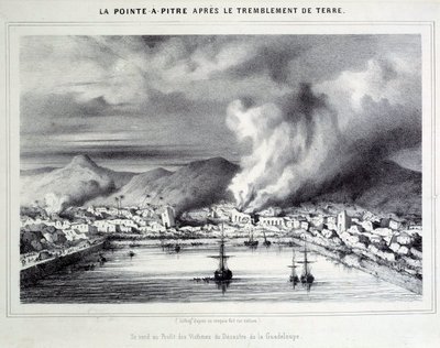Udsigt over Pointe a Pitre (Pointe-a-Pitre) efter jordskælvet den 8/02/1843. Gravering af Chartres fra det 19. århundrede, Musee des Beaux Arts af French School
