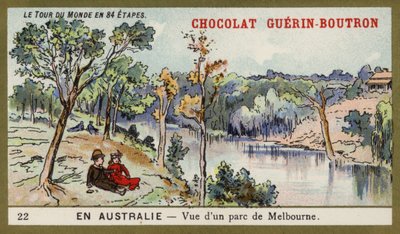Udsigt over en park i Melbourne, Australien (chromolitho) af French School