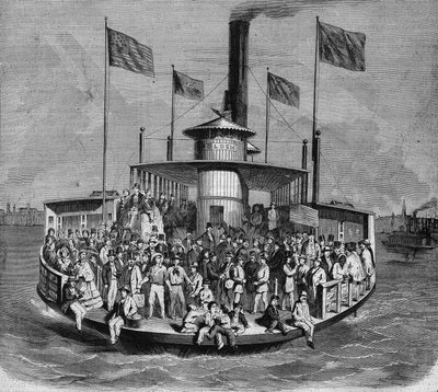 Udsigt over en damper, der skaber forbindelser mellem øerne og byen New York. Gravering af French School